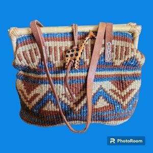 Vtg 1970s-1980s Jute Sisal African Tribal Giraffe Bamboo Basket Shoulder Bag